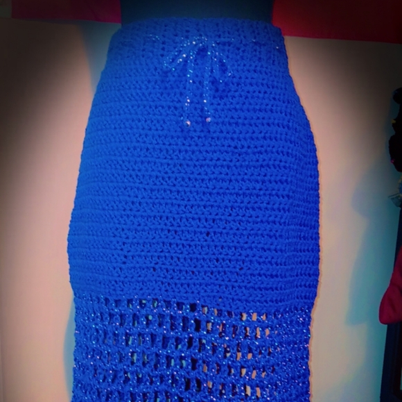 HANDMADE CROCHET ROYAL BLUE DRAWSTRING MESH BOTTOM MAXI SKIRT. - Picture 1 of 2